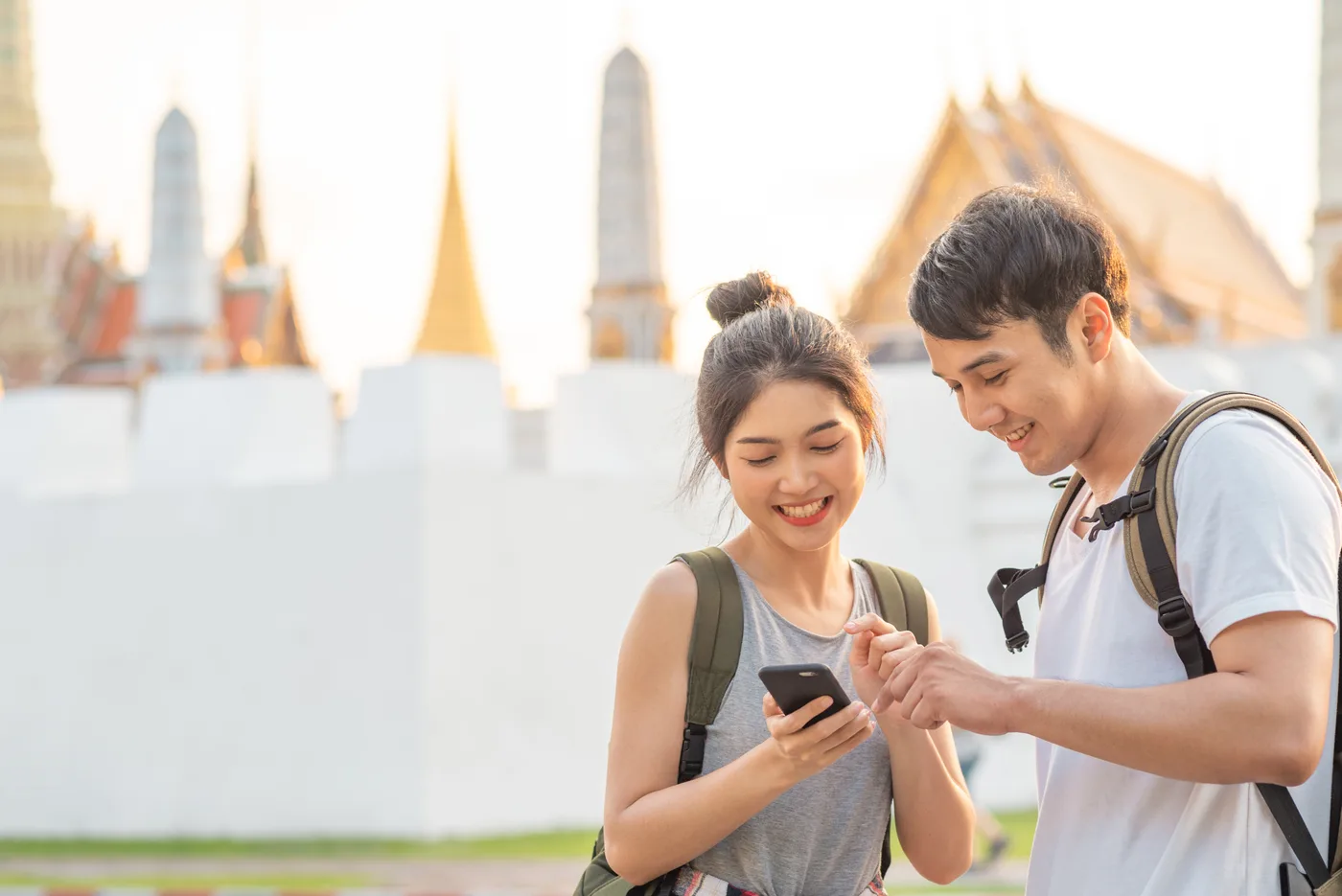 Travelers exploring a temple together
